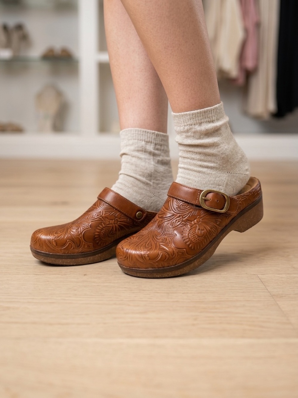 Women’s Tan Embossed Leather Clog with Buckle Strap